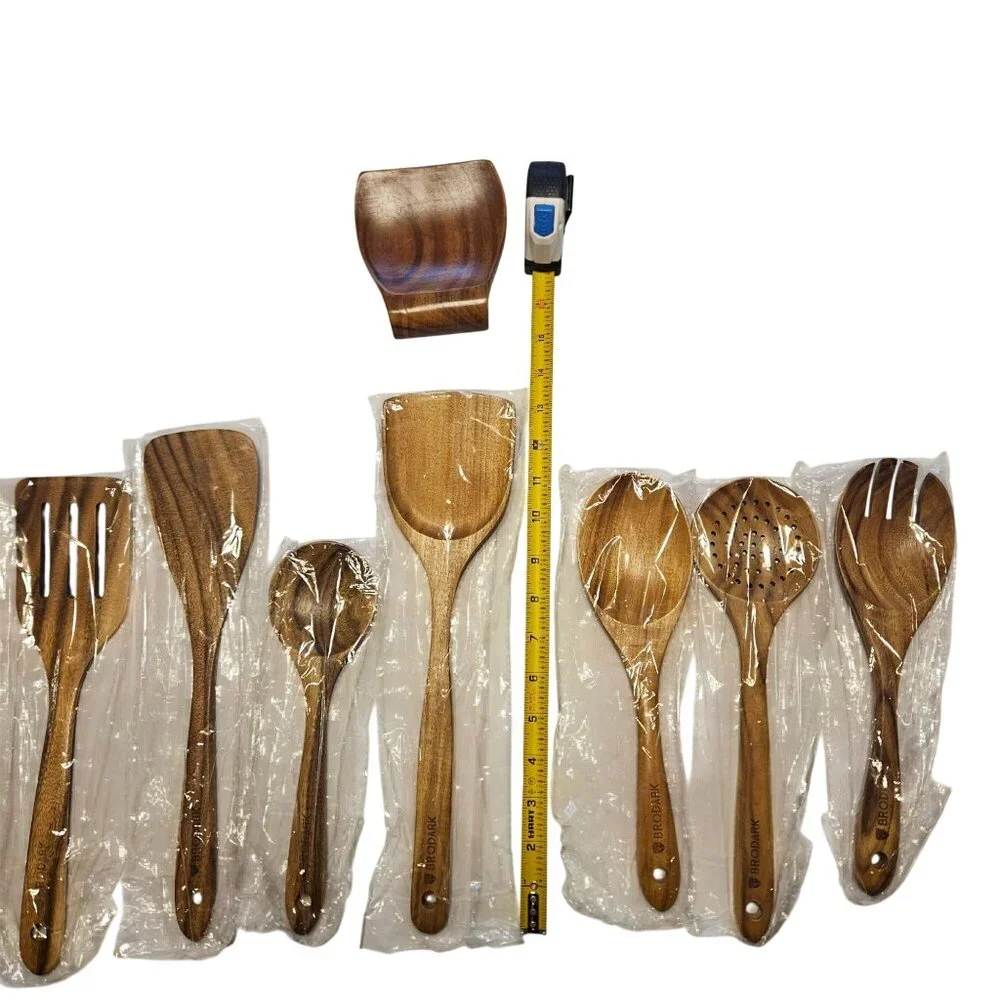 Brodark Kitchen Wooden Utensil Set With Holder & Spoon Rest - 7 Pieces